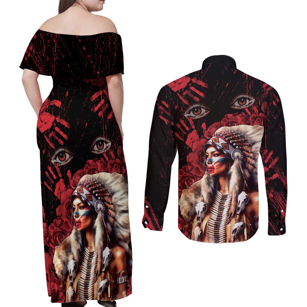 Native American MMIW Couples Matching Off Shoulder Maxi Dress and Long Sleeve Button Shirt Red Indian Women With Red Handprint