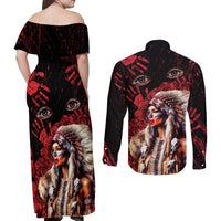 Native American MMIW Couples Matching Off Shoulder Maxi Dress and Long Sleeve Button Shirt Red Indian Women With Red Handprint