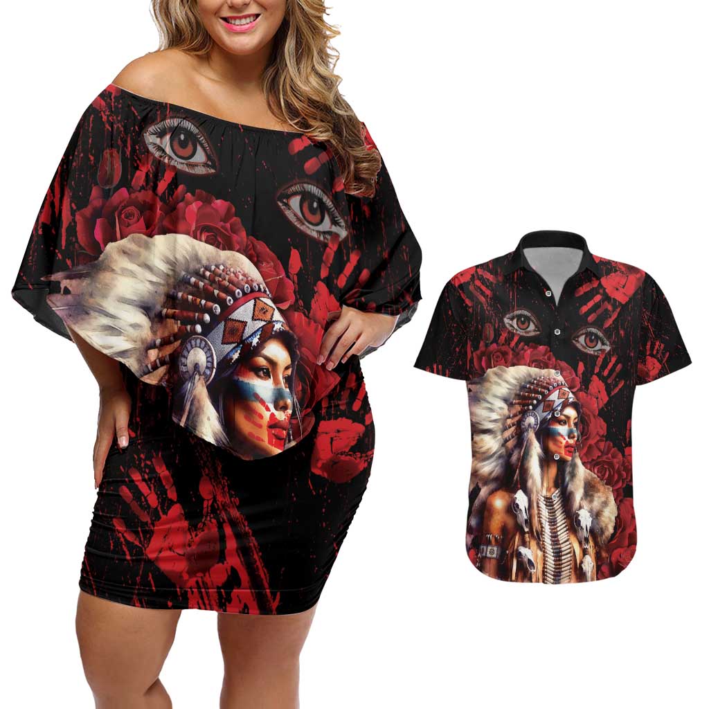 Native American MMIW Couples Matching Off Shoulder Short Dress and Hawaiian Shirt Red Indian Women With Red Handprint