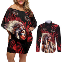 Native American MMIW Couples Matching Off Shoulder Short Dress and Long Sleeve Button Shirt Red Indian Women With Red Handprint