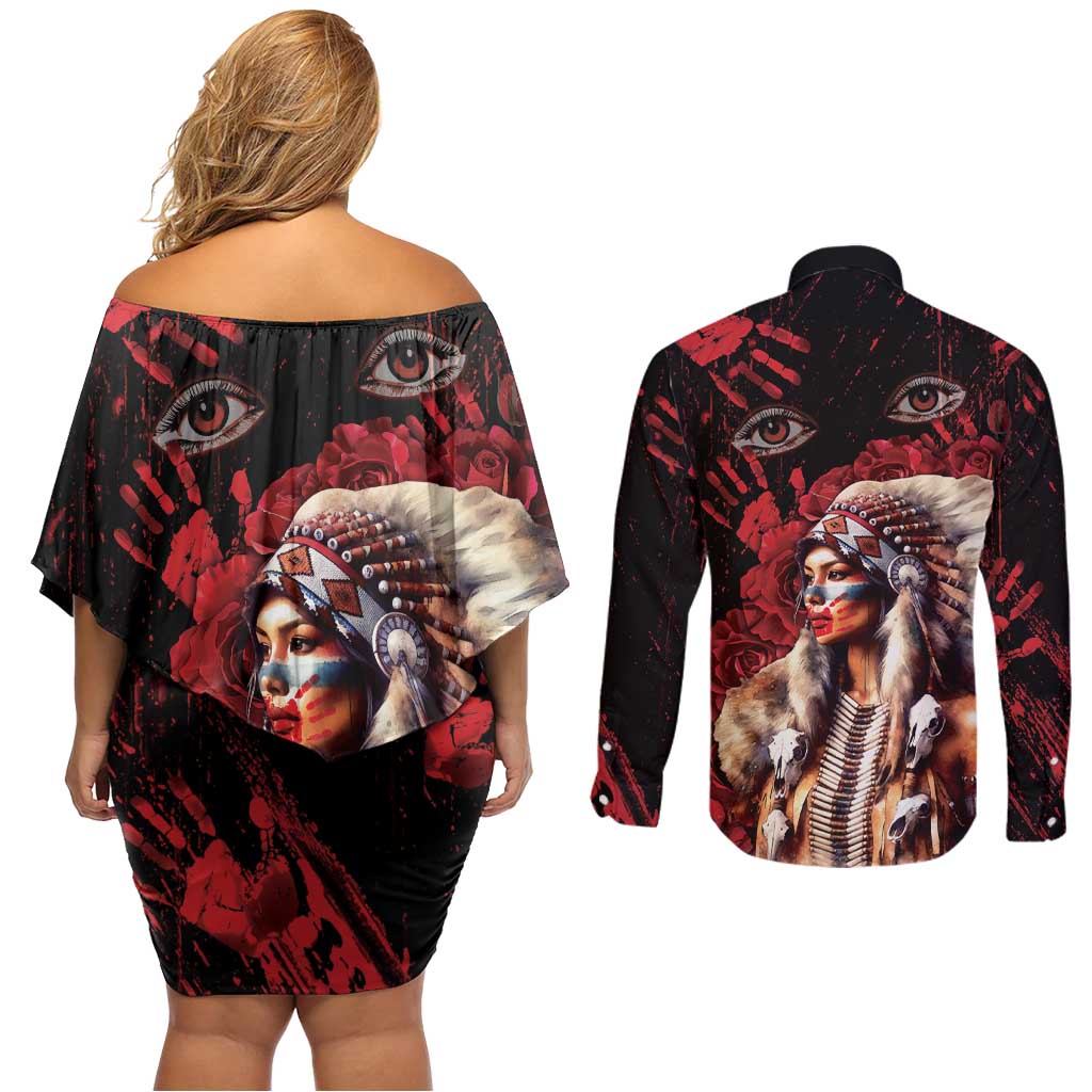 Native American MMIW Couples Matching Off Shoulder Short Dress and Long Sleeve Button Shirt Red Indian Women With Red Handprint