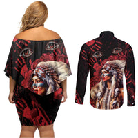 Native American MMIW Couples Matching Off Shoulder Short Dress and Long Sleeve Button Shirt Red Indian Women With Red Handprint