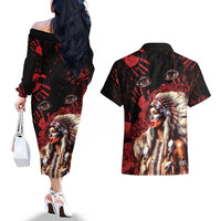 Native American MMIW Couples Matching Off The Shoulder Long Sleeve Dress and Hawaiian Shirt Red Indian Women With Red Handprint