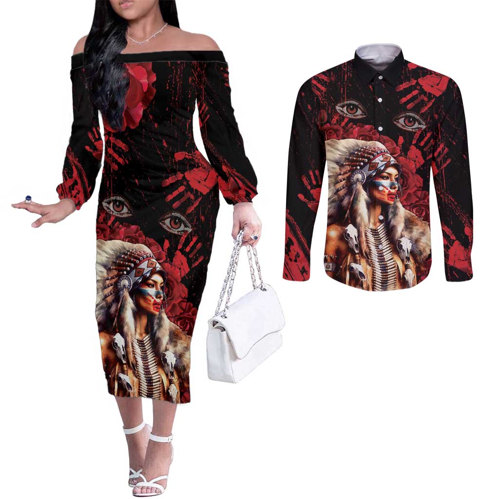 Native American MMIW Couples Matching Off The Shoulder Long Sleeve Dress and Long Sleeve Button Shirt Red Indian Women With Red Handprint