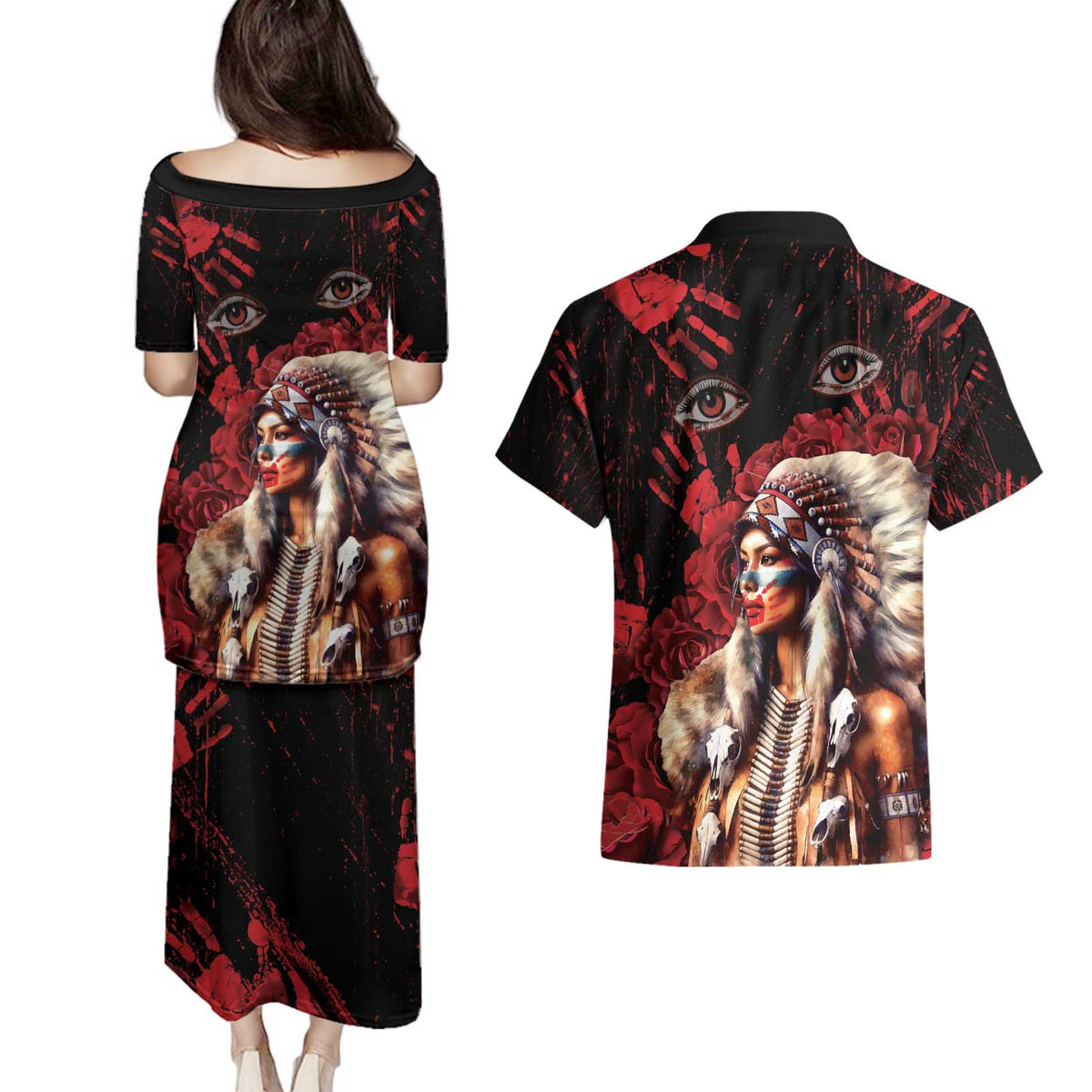 Native American MMIW Couples Matching Puletasi and Hawaiian Shirt Red Indian Women With Red Handprint