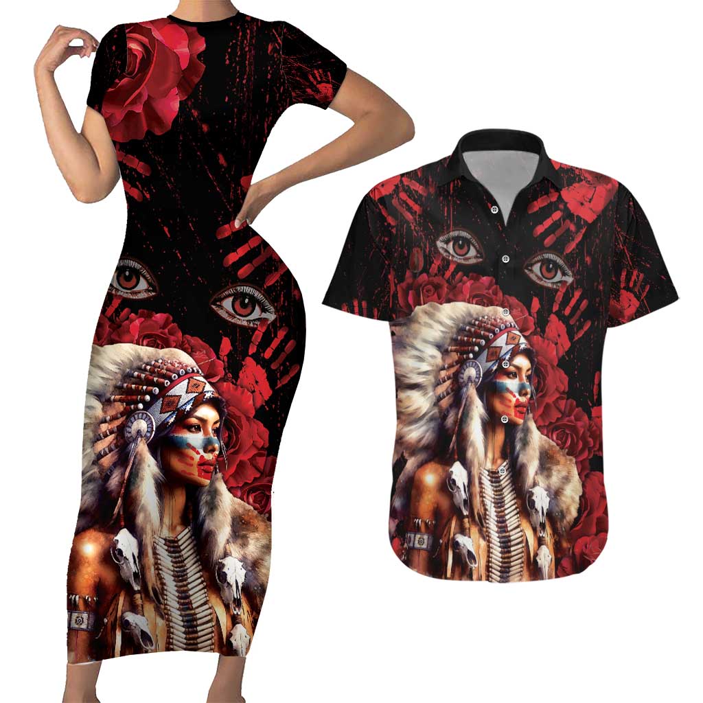 Native American MMIW Couples Matching Short Sleeve Bodycon Dress and Hawaiian Shirt Red Indian Women With Red Handprint