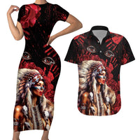 Native American MMIW Couples Matching Short Sleeve Bodycon Dress and Hawaiian Shirt Red Indian Women With Red Handprint