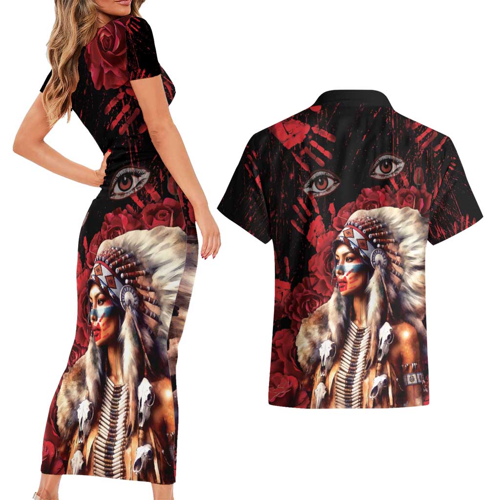 Native American MMIW Couples Matching Short Sleeve Bodycon Dress and Hawaiian Shirt Red Indian Women With Red Handprint