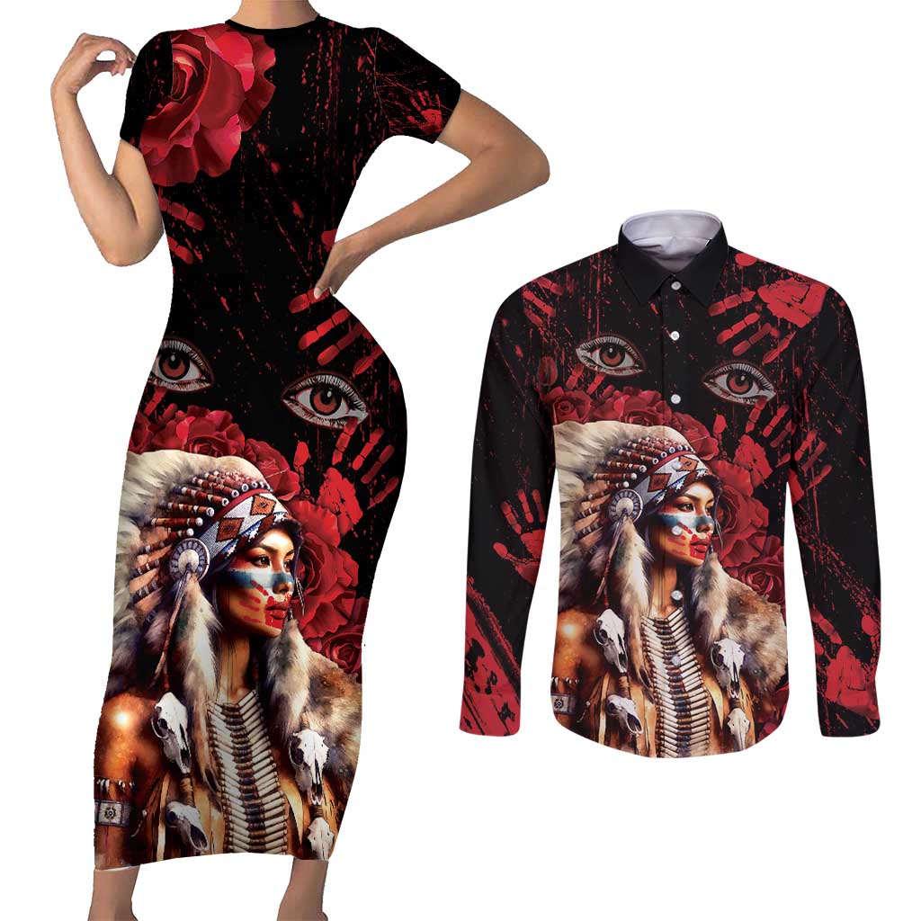 Native American MMIW Couples Matching Short Sleeve Bodycon Dress and Long Sleeve Button Shirt Red Indian Women With Red Handprint