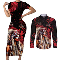 Native American MMIW Couples Matching Short Sleeve Bodycon Dress and Long Sleeve Button Shirt Red Indian Women With Red Handprint