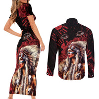 Native American MMIW Couples Matching Short Sleeve Bodycon Dress and Long Sleeve Button Shirt Red Indian Women With Red Handprint