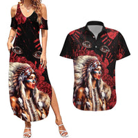 Native American MMIW Couples Matching Summer Maxi Dress and Hawaiian Shirt Red Indian Women With Red Handprint