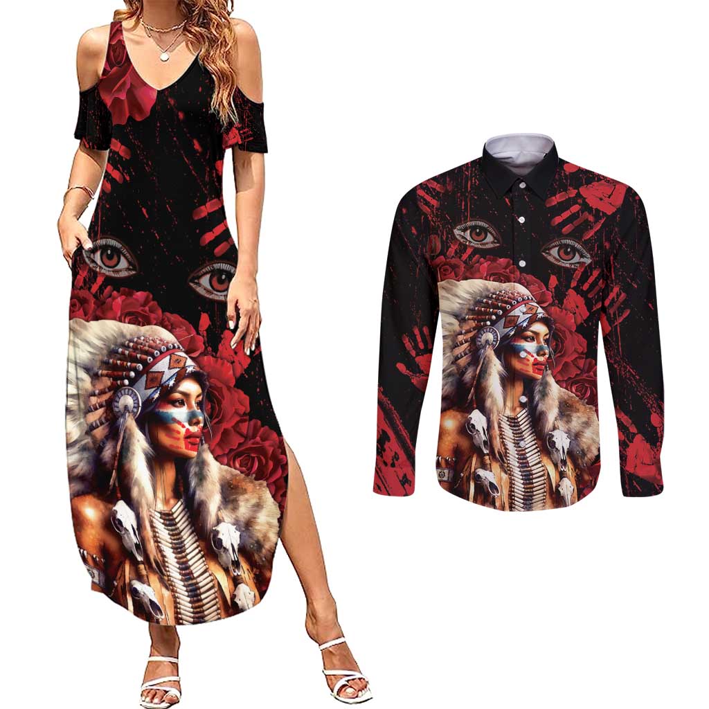 Native American MMIW Couples Matching Summer Maxi Dress and Long Sleeve Button Shirt Red Indian Women With Red Handprint