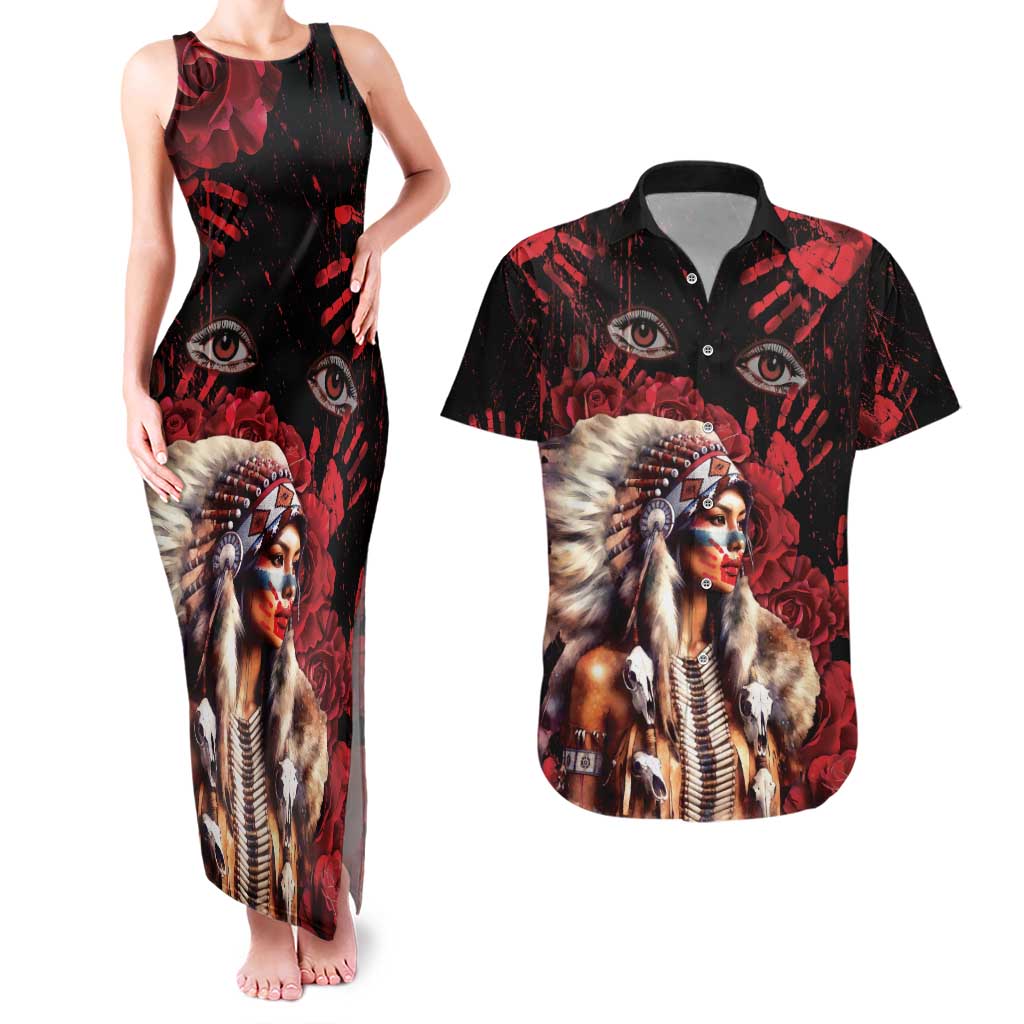 Native American MMIW Couples Matching Tank Maxi Dress and Hawaiian Shirt Red Indian Women With Red Handprint