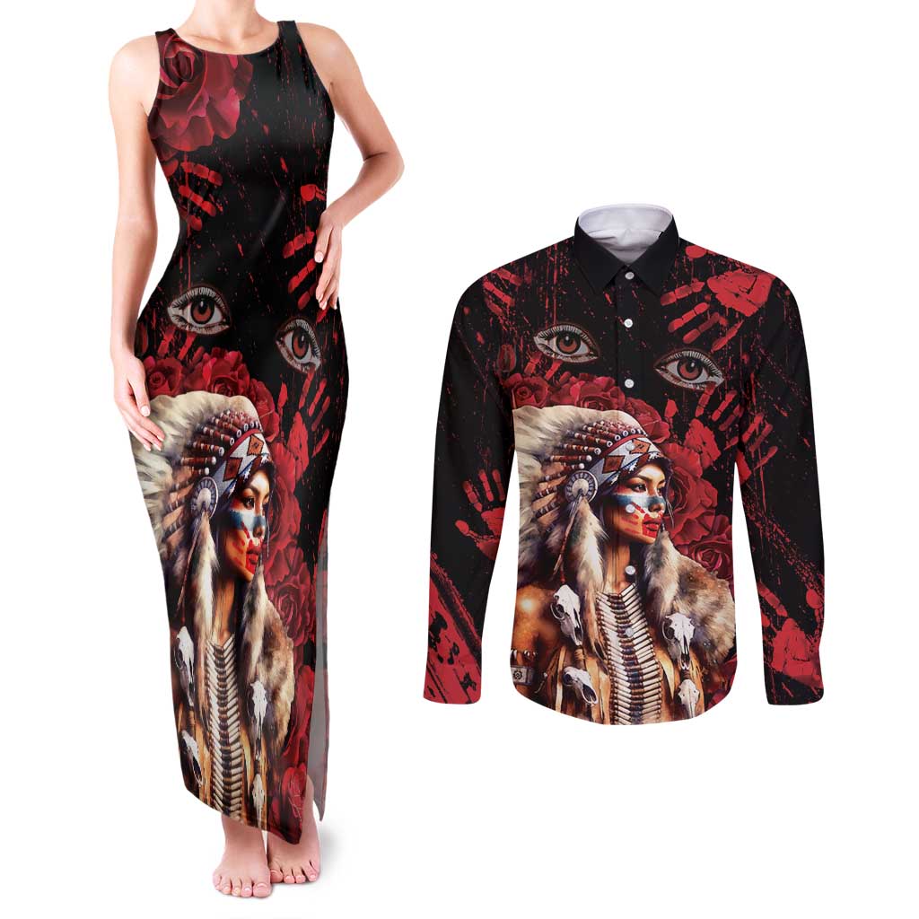 Native American MMIW Couples Matching Tank Maxi Dress and Long Sleeve Button Shirt Red Indian Women With Red Handprint