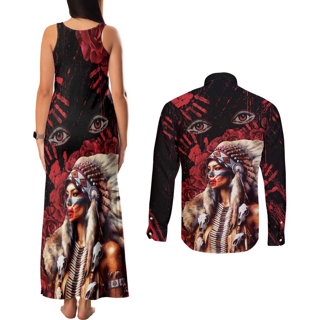 Native American MMIW Couples Matching Tank Maxi Dress and Long Sleeve Button Shirt Red Indian Women With Red Handprint