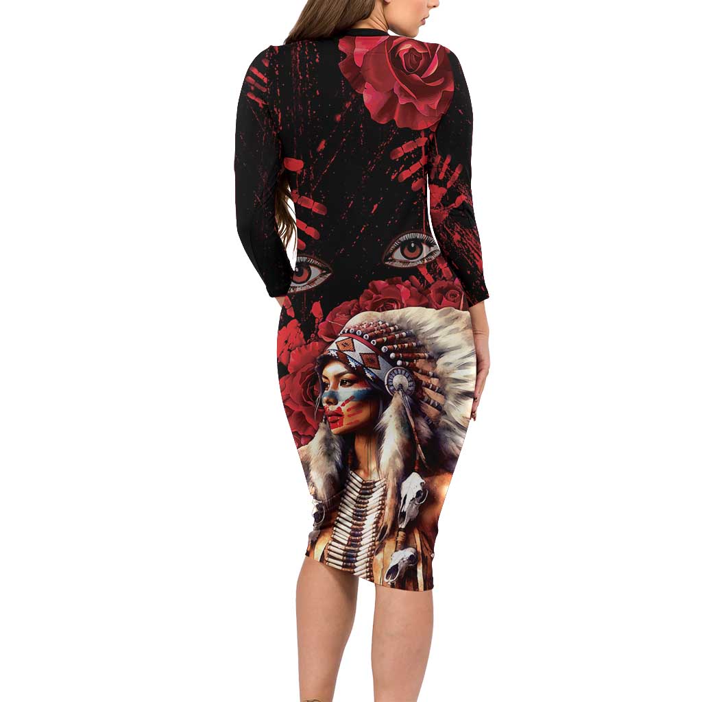 Native American MMIW Family Matching Long Sleeve Bodycon Dress and Hawaiian Shirt Red Indian Women With Red Handprint
