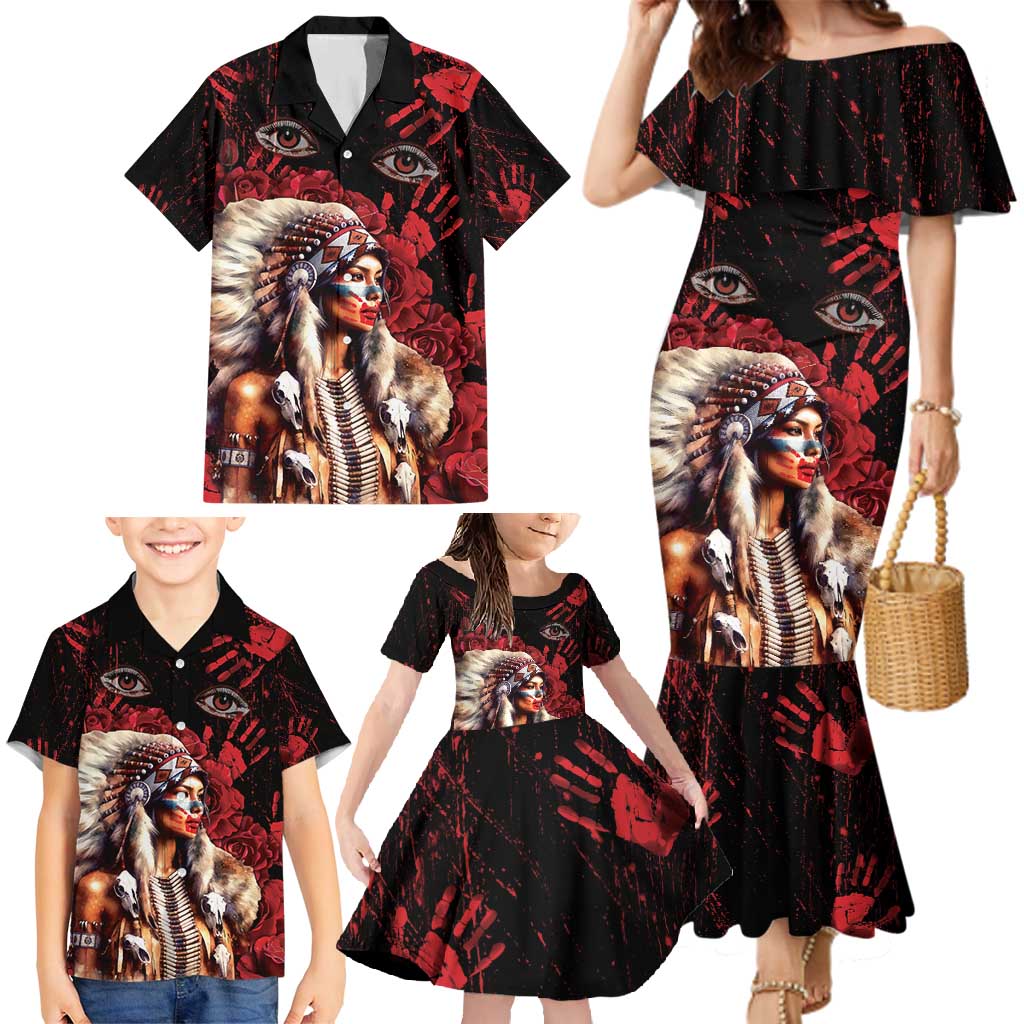Native American MMIW Family Matching Mermaid Dress and Hawaiian Shirt Red Indian Women With Red Handprint