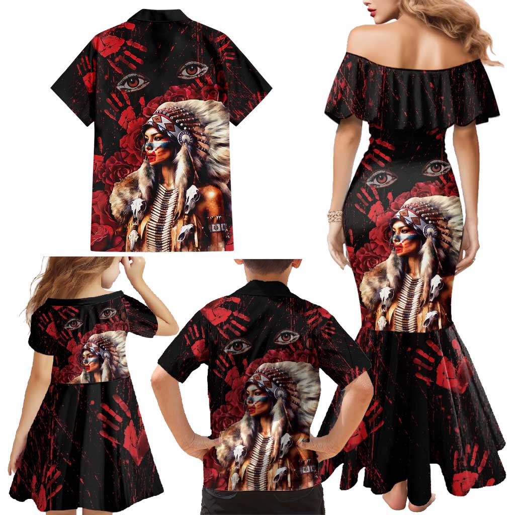 Native American MMIW Family Matching Mermaid Dress and Hawaiian Shirt Red Indian Women With Red Handprint