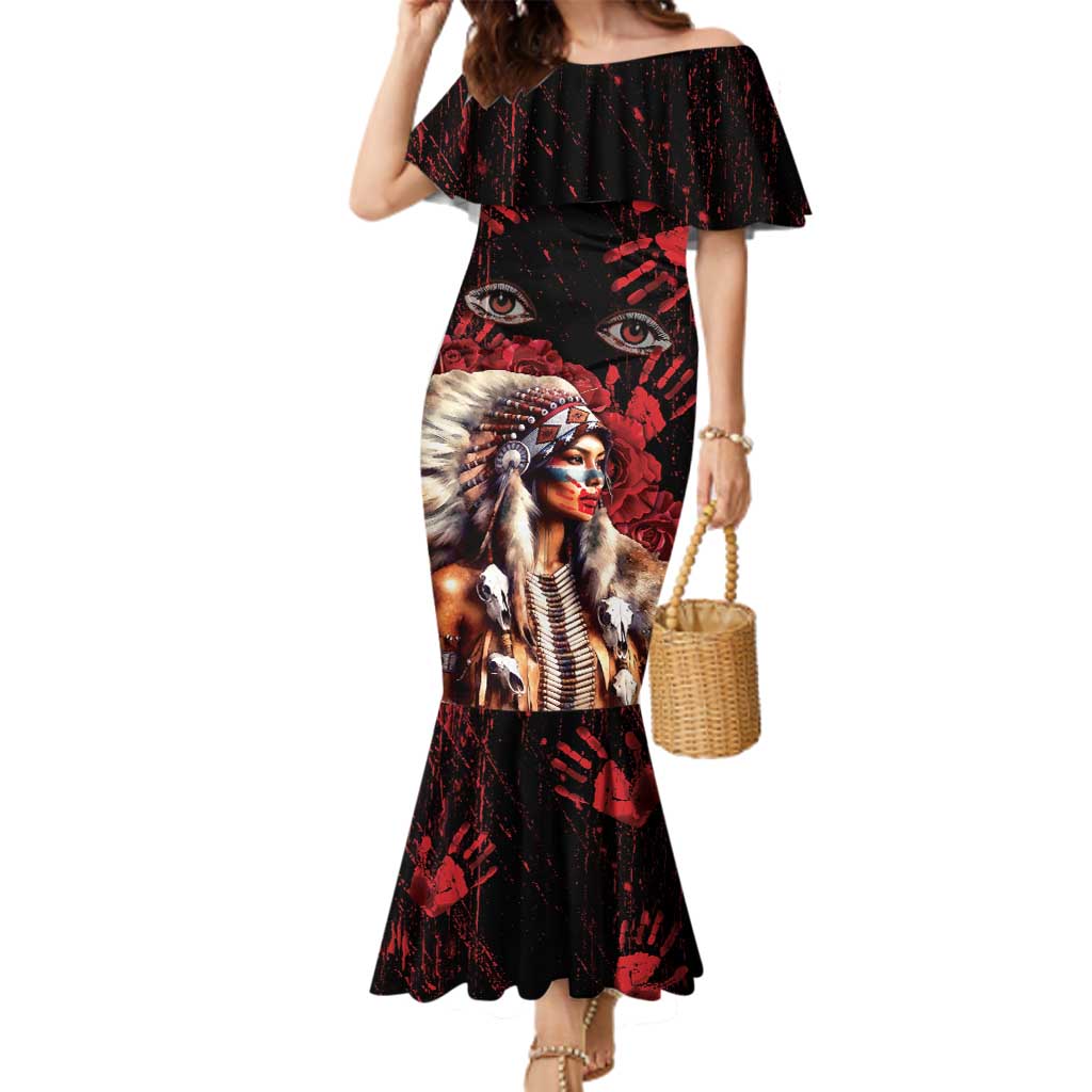 Native American MMIW Family Matching Mermaid Dress and Hawaiian Shirt Red Indian Women With Red Handprint