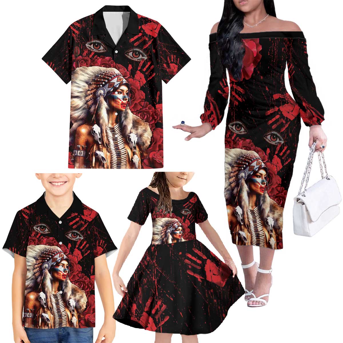 Native American MMIW Family Matching Off The Shoulder Long Sleeve Dress and Hawaiian Shirt Red Indian Women With Red Handprint