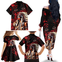 Native American MMIW Family Matching Off The Shoulder Long Sleeve Dress and Hawaiian Shirt Red Indian Women With Red Handprint