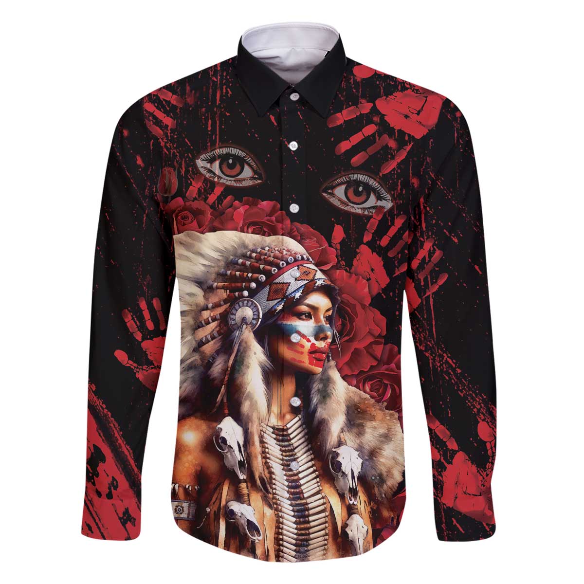 Native American MMIW Family Matching Off The Shoulder Long Sleeve Dress and Hawaiian Shirt Red Indian Women With Red Handprint