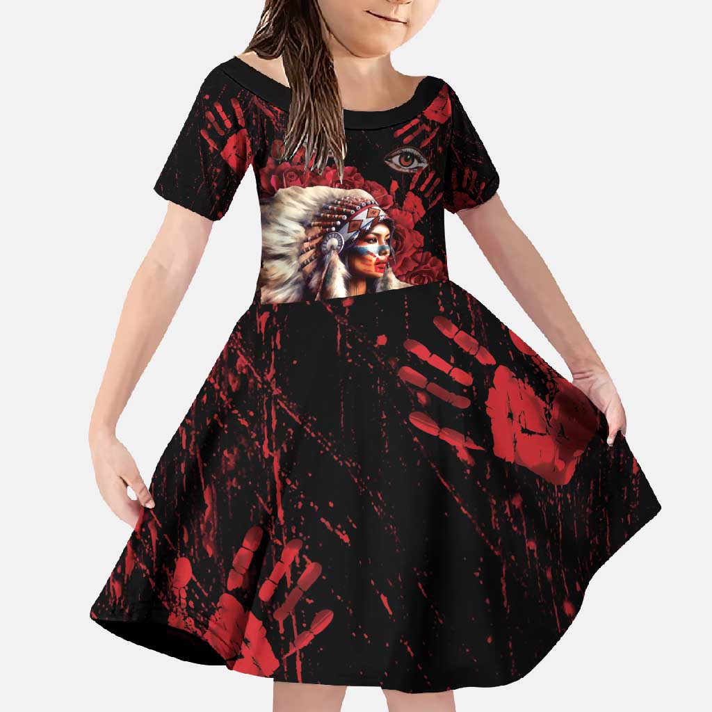 Native American MMIW Family Matching Off Shoulder Maxi Dress and Hawaiian Shirt Red Indian Women With Red Handprint
