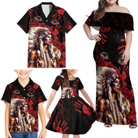 Native American MMIW Family Matching Off Shoulder Maxi Dress and Hawaiian Shirt Red Indian Women With Red Handprint