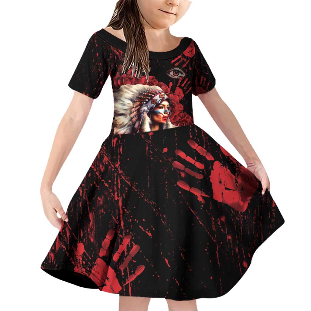 Native American MMIW Family Matching Off Shoulder Short Dress and Hawaiian Shirt Red Indian Women With Red Handprint