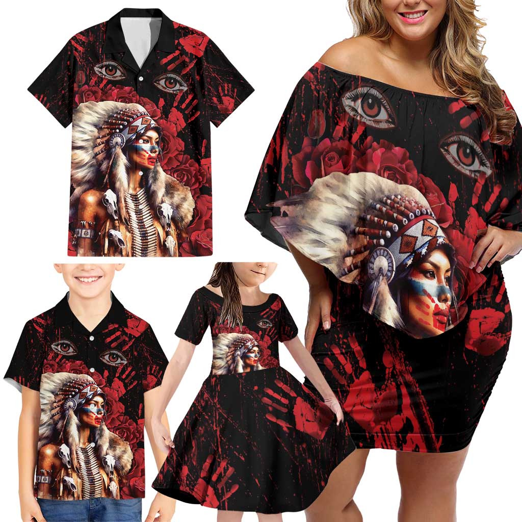 Native American MMIW Family Matching Off Shoulder Short Dress and Hawaiian Shirt Red Indian Women With Red Handprint