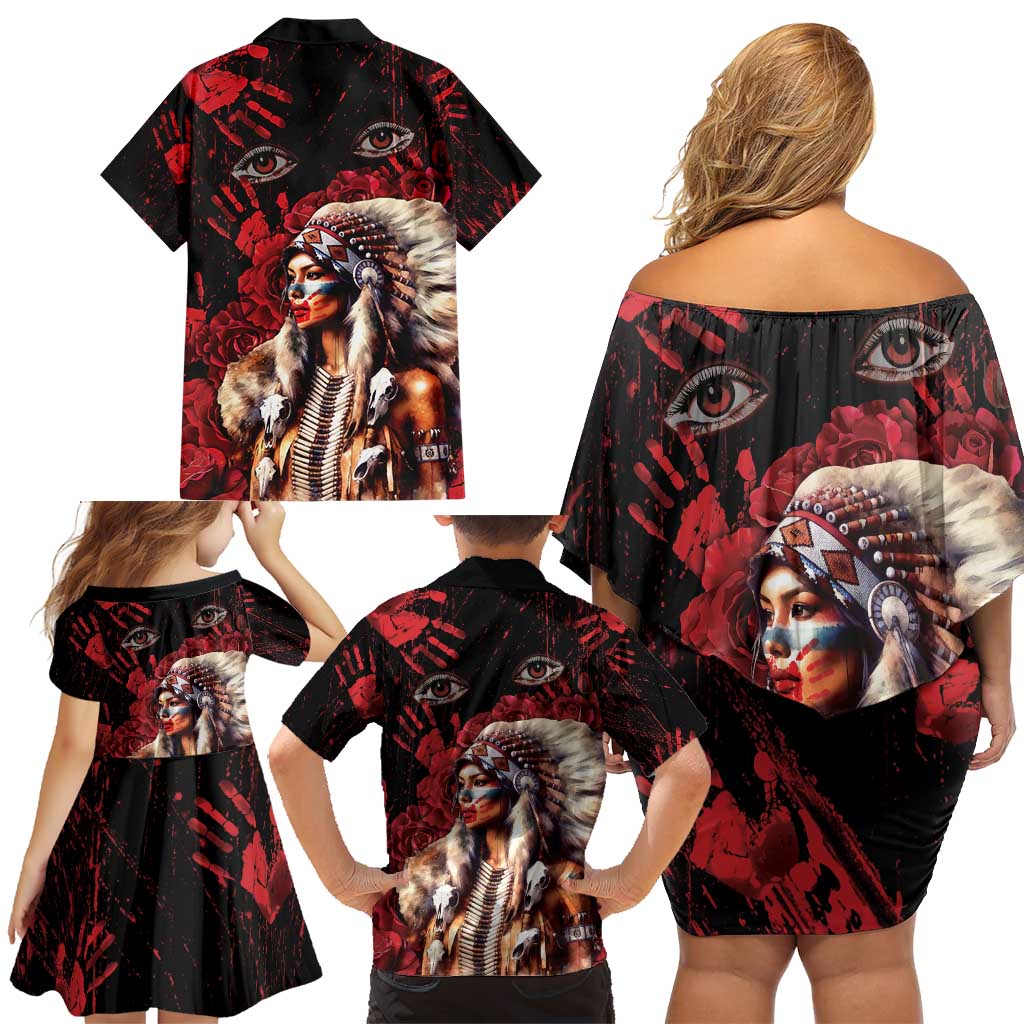 Native American MMIW Family Matching Off Shoulder Short Dress and Hawaiian Shirt Red Indian Women With Red Handprint