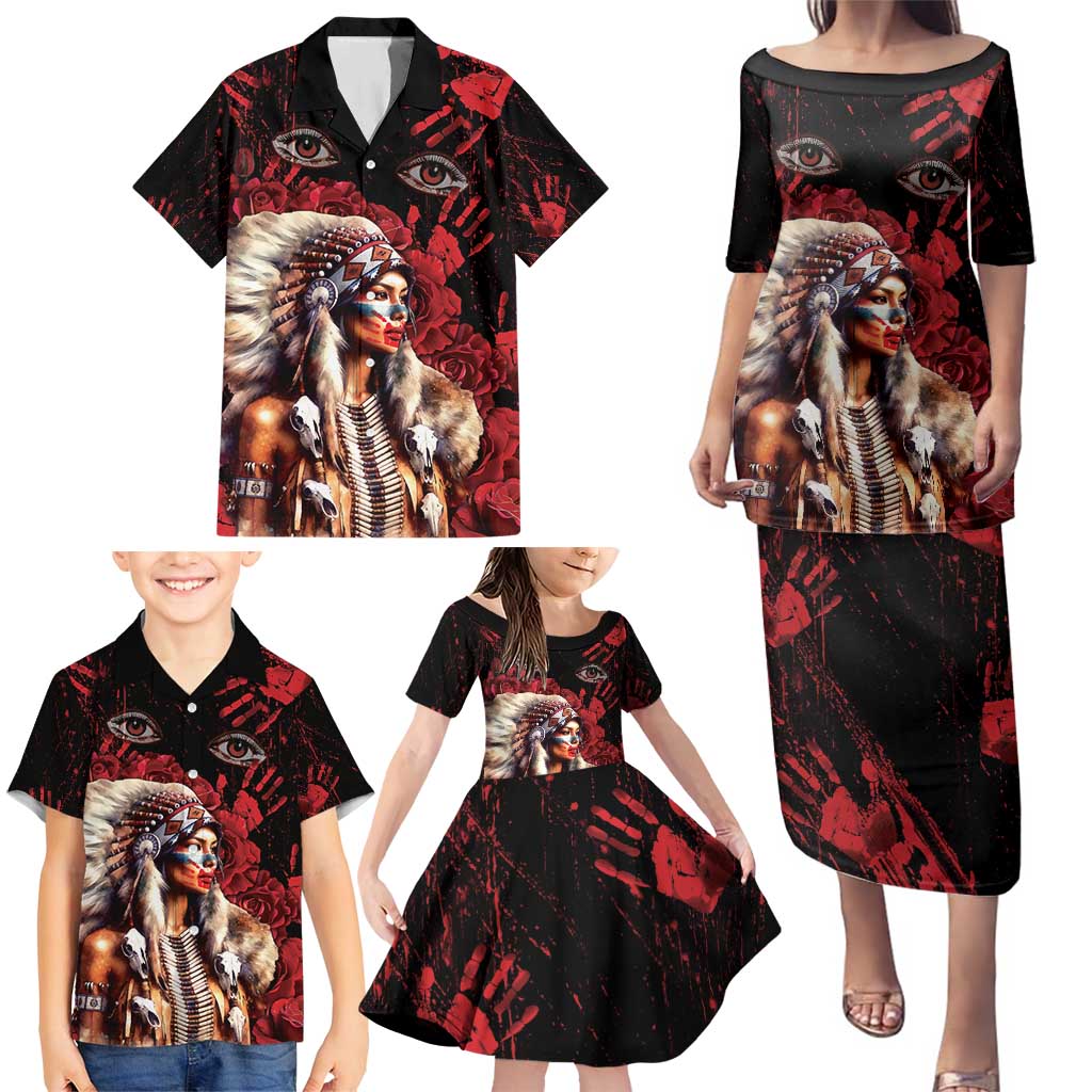 Native American MMIW Family Matching Puletasi and Hawaiian Shirt Red Indian Women With Red Handprint