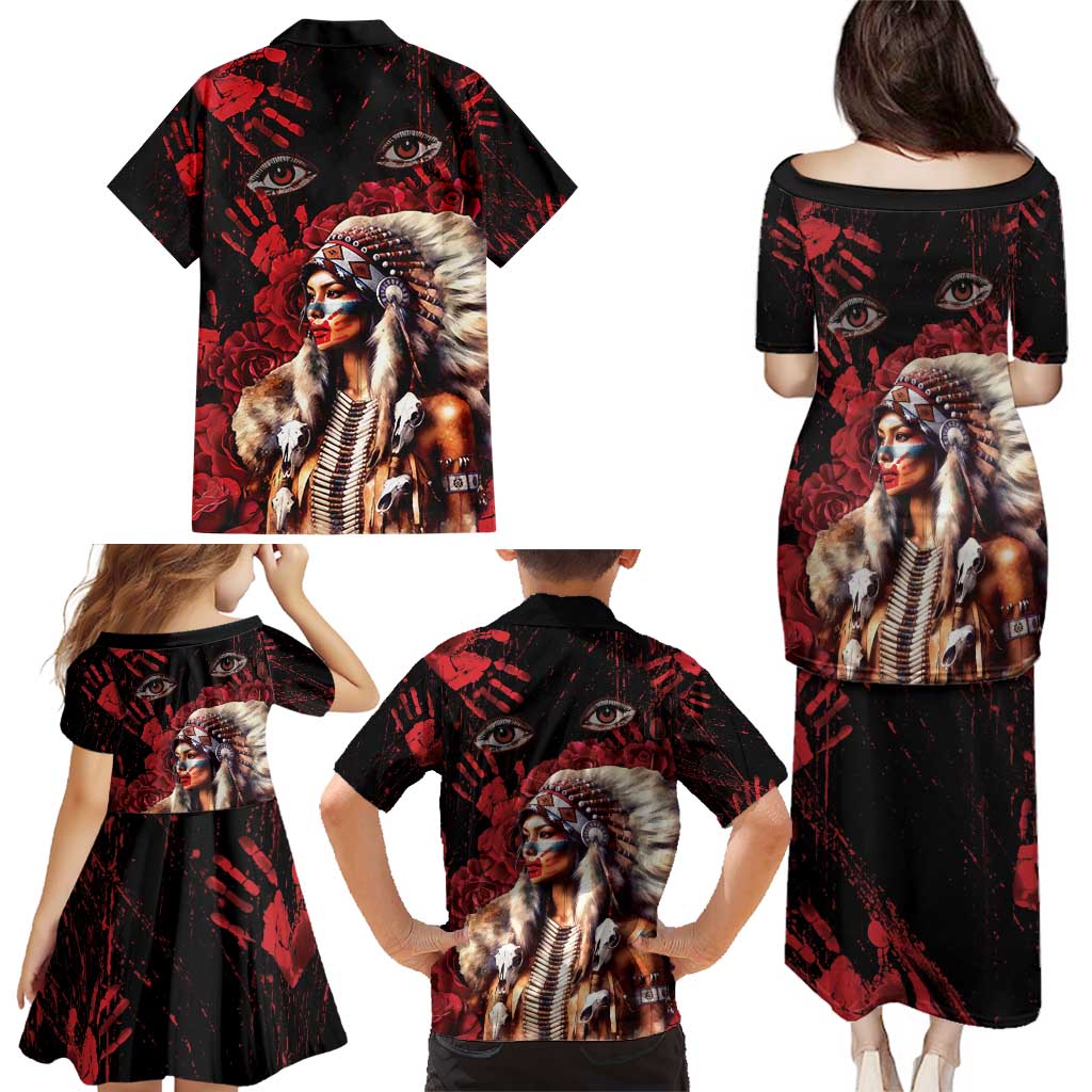 Native American MMIW Family Matching Puletasi and Hawaiian Shirt Red Indian Women With Red Handprint