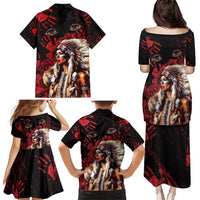 Native American MMIW Family Matching Puletasi and Hawaiian Shirt Red Indian Women With Red Handprint