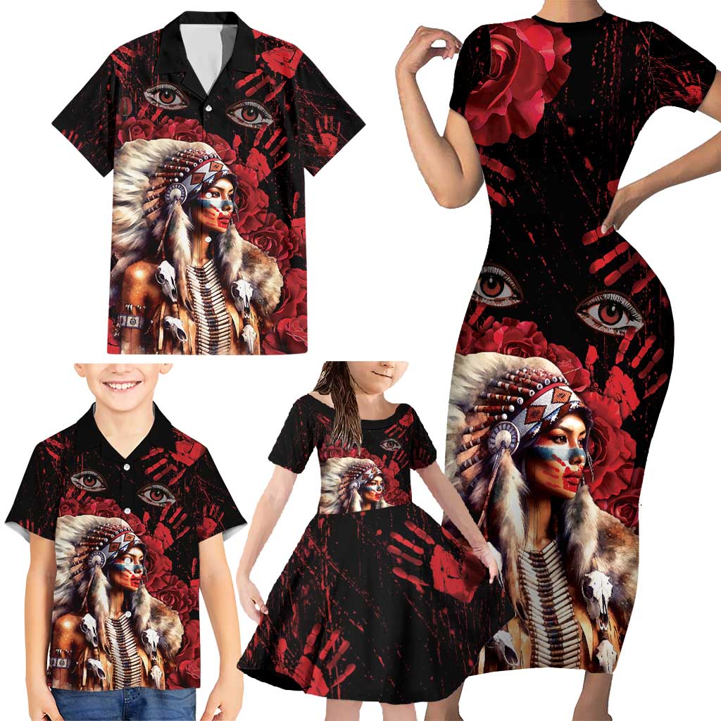 Native American MMIW Family Matching Short Sleeve Bodycon Dress and Hawaiian Shirt Red Indian Women With Red Handprint