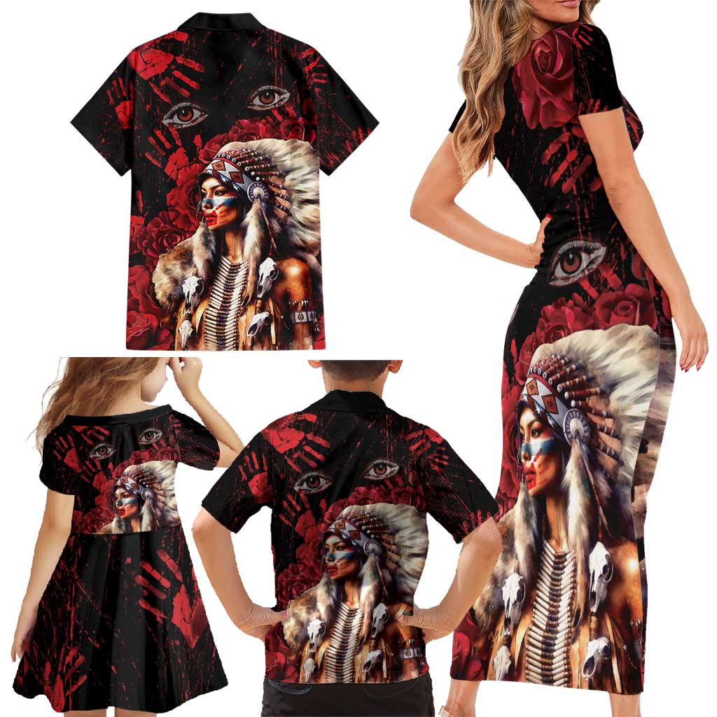 Native American MMIW Family Matching Short Sleeve Bodycon Dress and Hawaiian Shirt Red Indian Women With Red Handprint