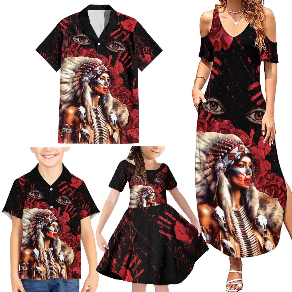 Native American MMIW Family Matching Summer Maxi Dress and Hawaiian Shirt Red Indian Women With Red Handprint