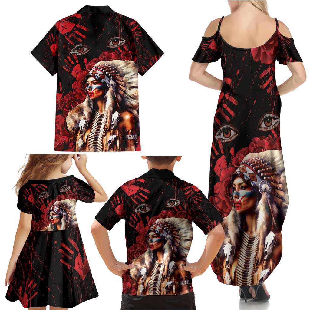 Native American MMIW Family Matching Summer Maxi Dress and Hawaiian Shirt Red Indian Women With Red Handprint