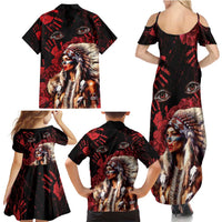 Native American MMIW Family Matching Summer Maxi Dress and Hawaiian Shirt Red Indian Women With Red Handprint