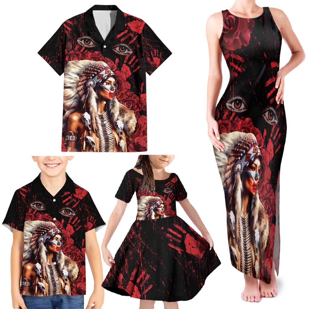 Native American MMIW Family Matching Tank Maxi Dress and Hawaiian Shirt Red Indian Women With Red Handprint