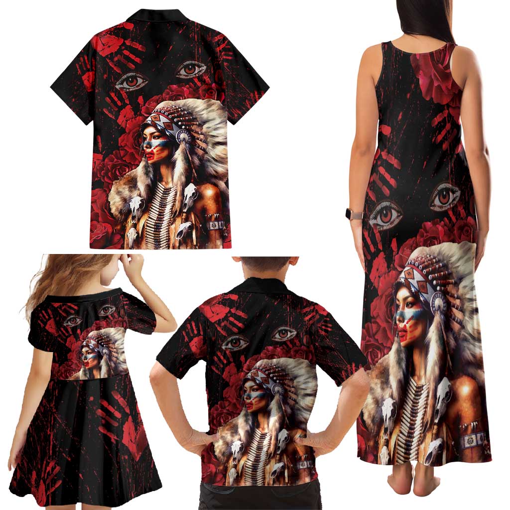 Native American MMIW Family Matching Tank Maxi Dress and Hawaiian Shirt Red Indian Women With Red Handprint