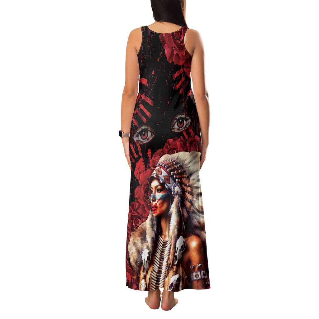 Native American MMIW Family Matching Tank Maxi Dress and Hawaiian Shirt Red Indian Women With Red Handprint