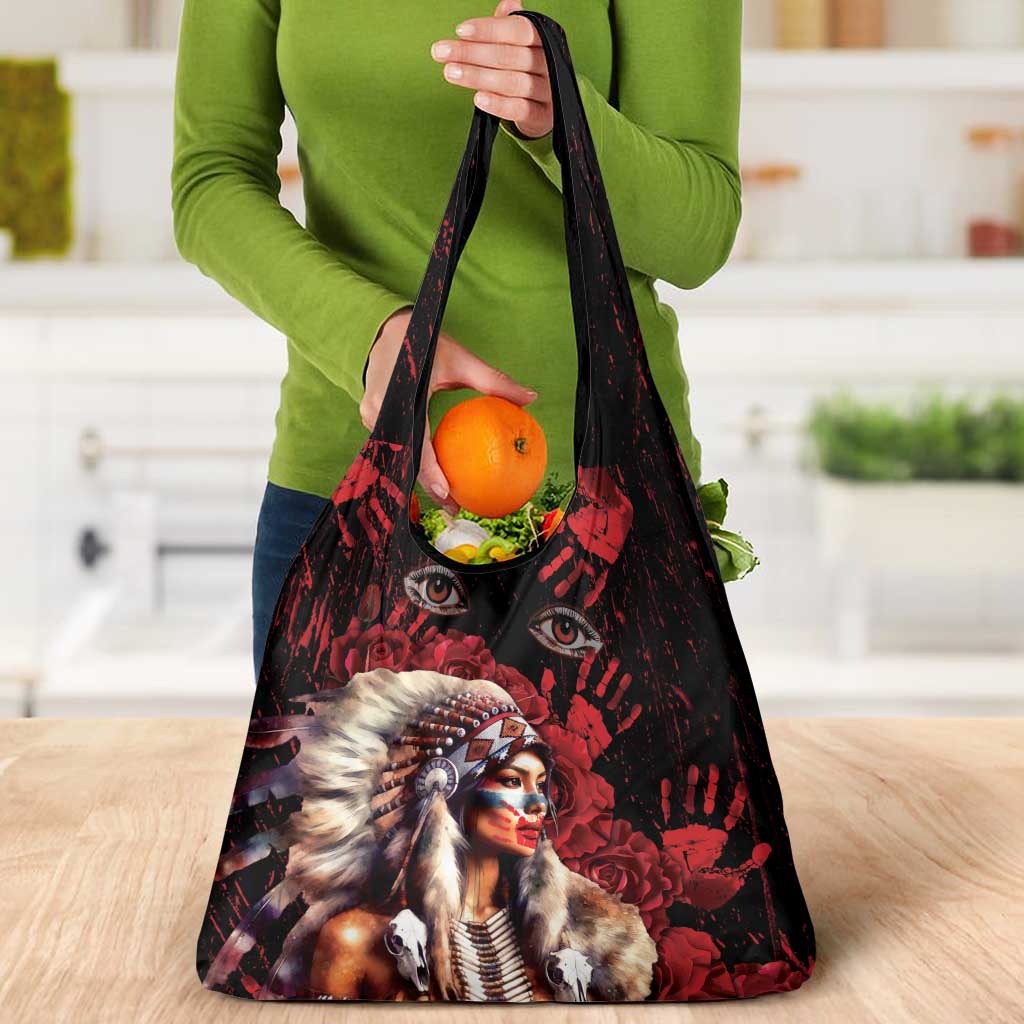 Native American MMIW Grocery Bag Red Indian Women With Red Handprint