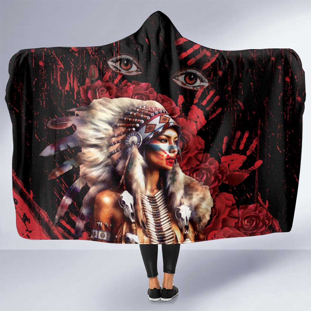Native American MMIW Hooded Blanket Red Indian Women With Red Handprint