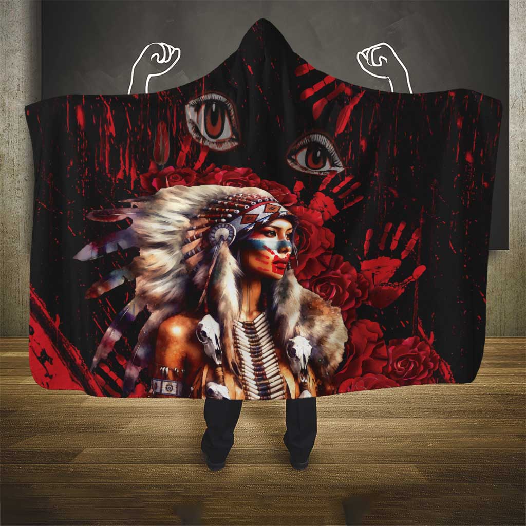 Native American MMIW Hooded Blanket Red Indian Women With Red Handprint
