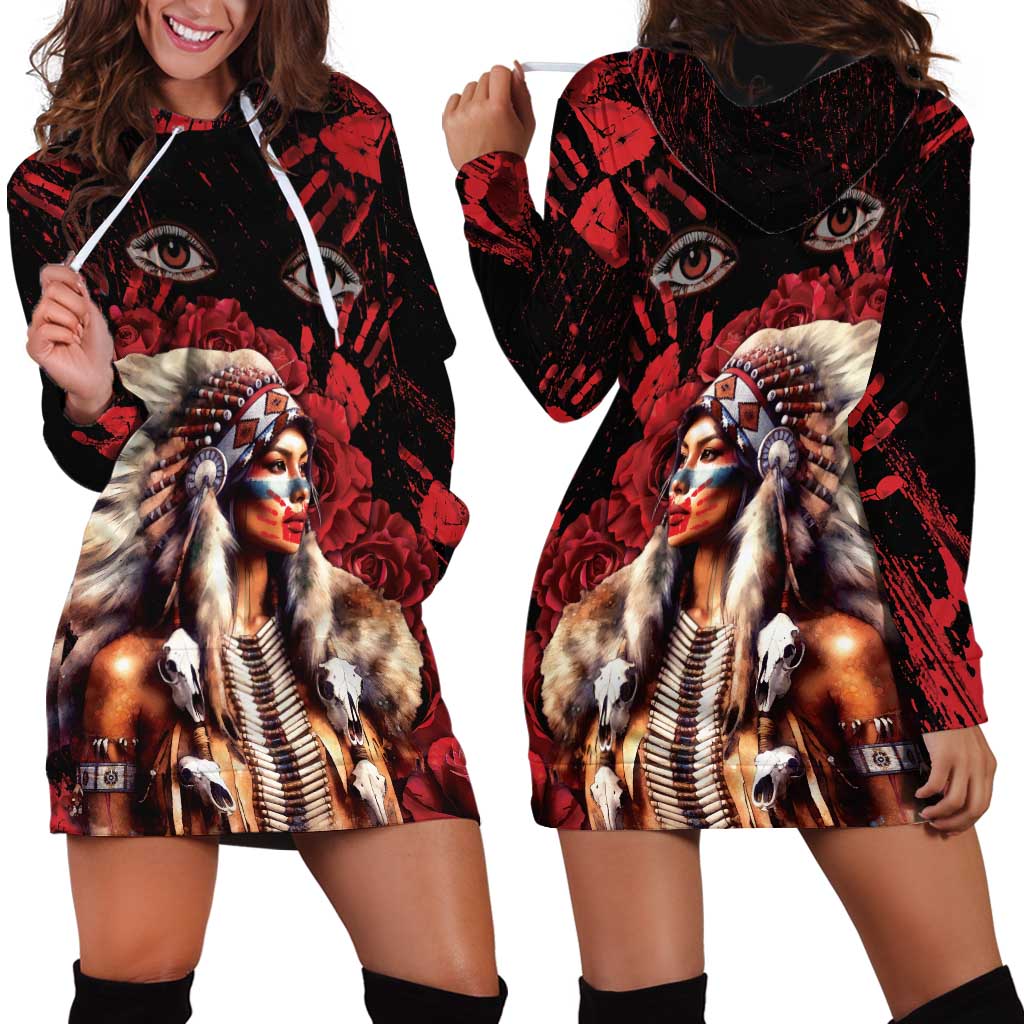 Native American MMIW Hoodie Dress Red Indian Women With Red Handprint