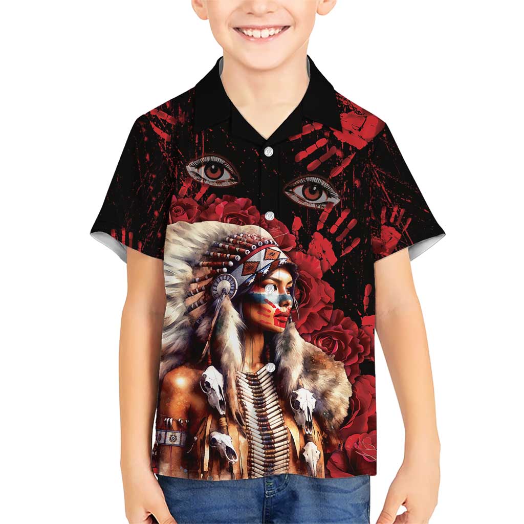 Native American MMIW Kid Hawaiian Shirt Red Indian Women With Red Handprint