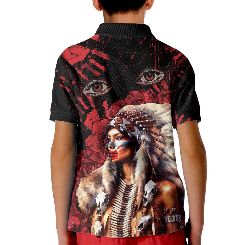 Native American MMIW Kid Polo Shirt Red Indian Women With Red Handprint
