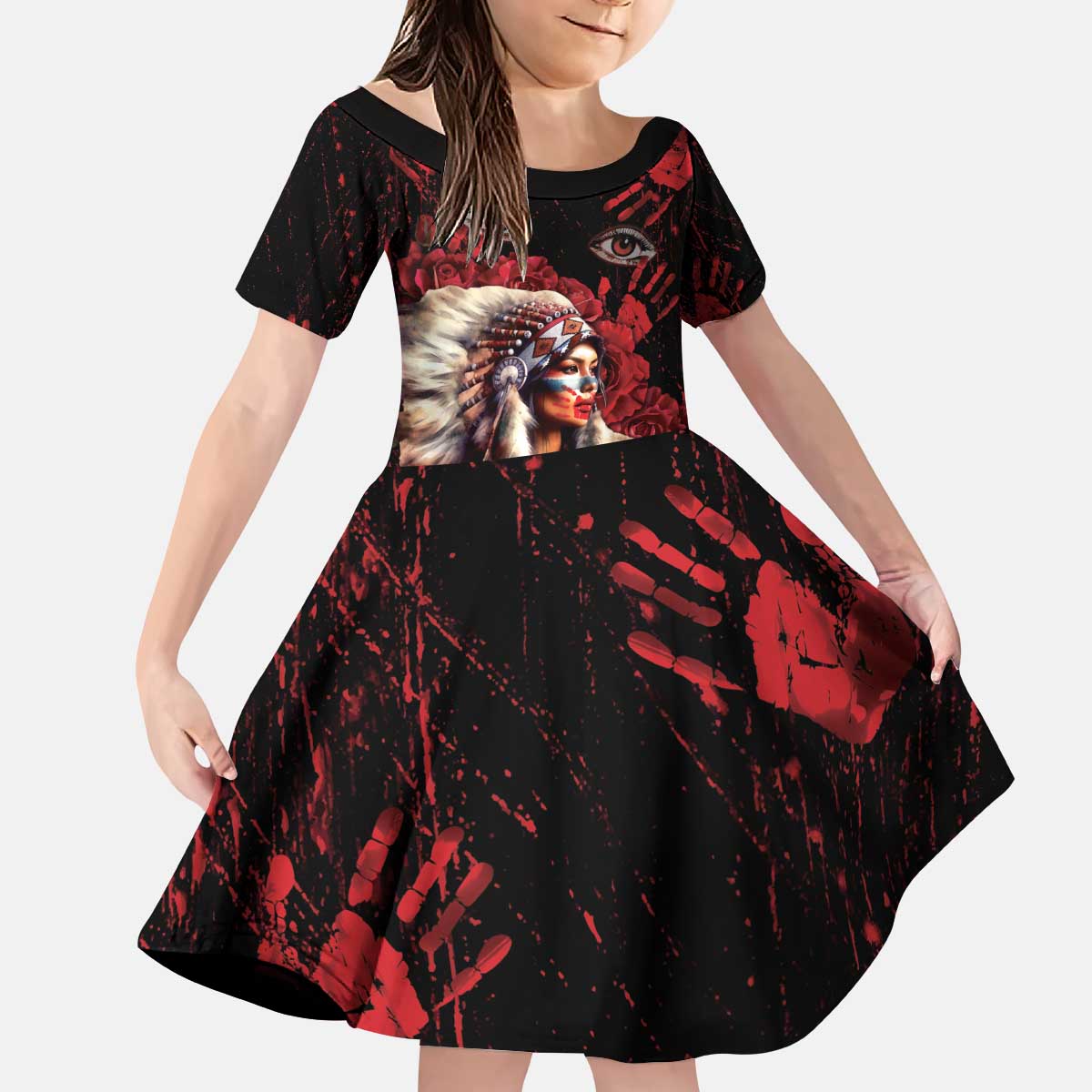Native American MMIW Kid Short Sleeve Dress Red Indian Women With Red Handprint